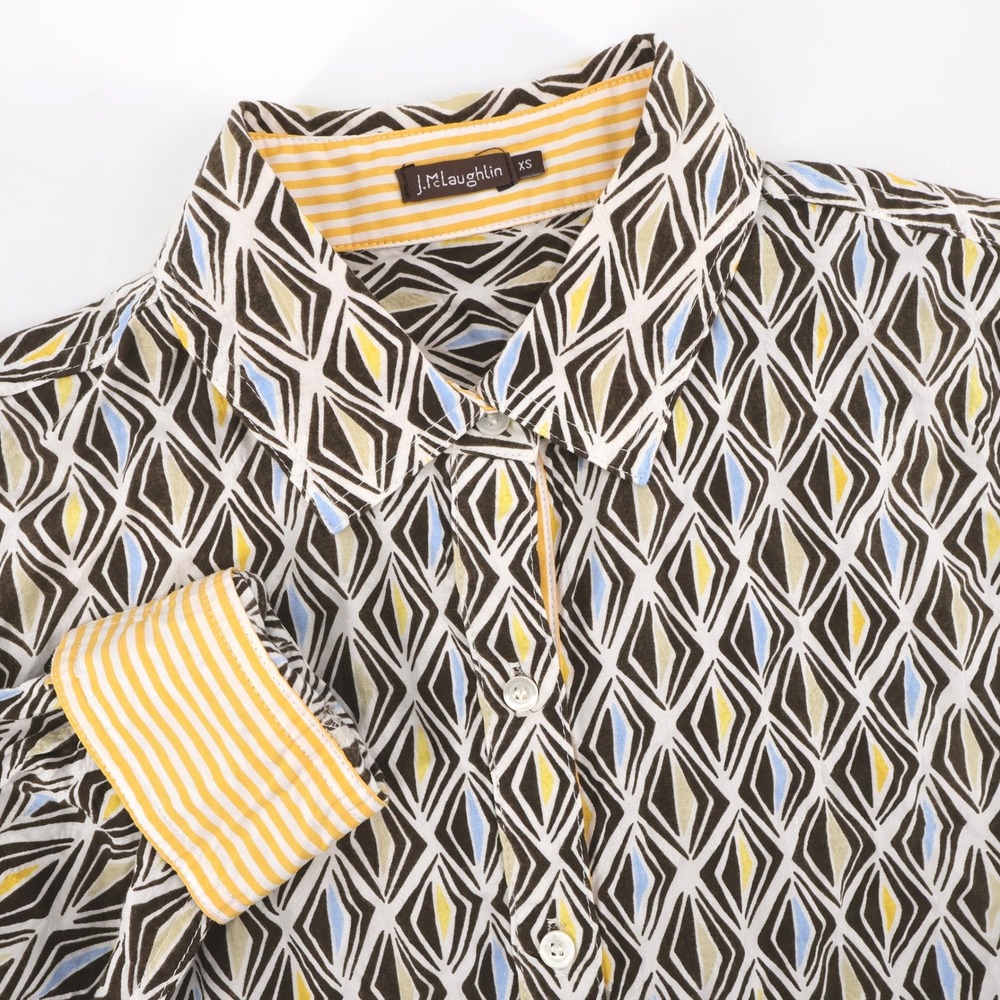 J. McLaughlin Geometric Diamond Button Up Brown Long Sleeve Shirt Womens XS